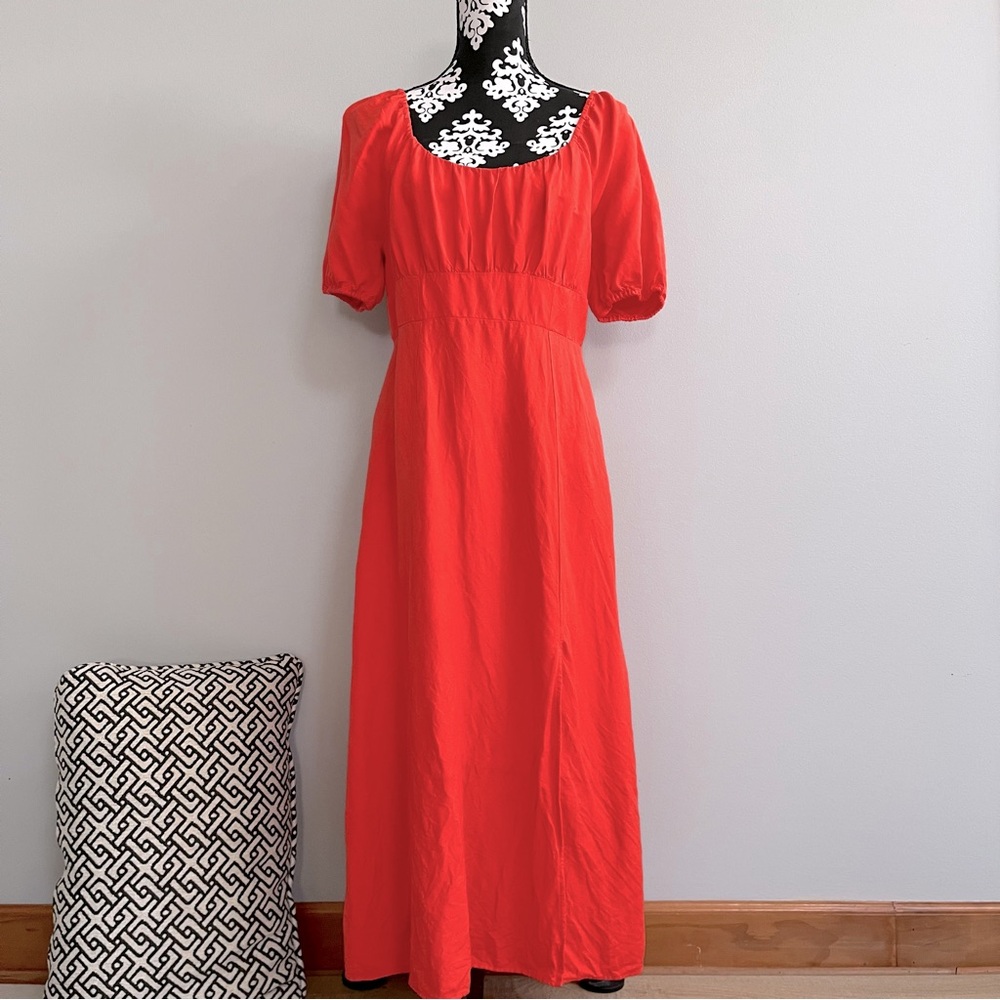 LOFT Puff Sleeve Linen Blend Maxi Dress Size 6 Square Neck Prairie Milkmaid